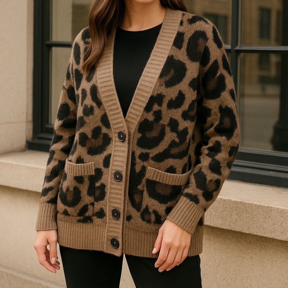 Allison Joy Leopard Print Cardigan Sweater Women's Large Button Front Cozy Knit - Picture 12 of 16